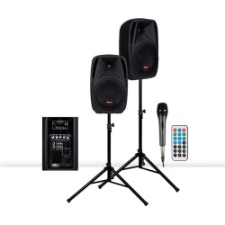 CONJUNTO SOM PORTATIL 400W C/ 2 COLUNAS + 2 TRIPES + MIC ALECTO
