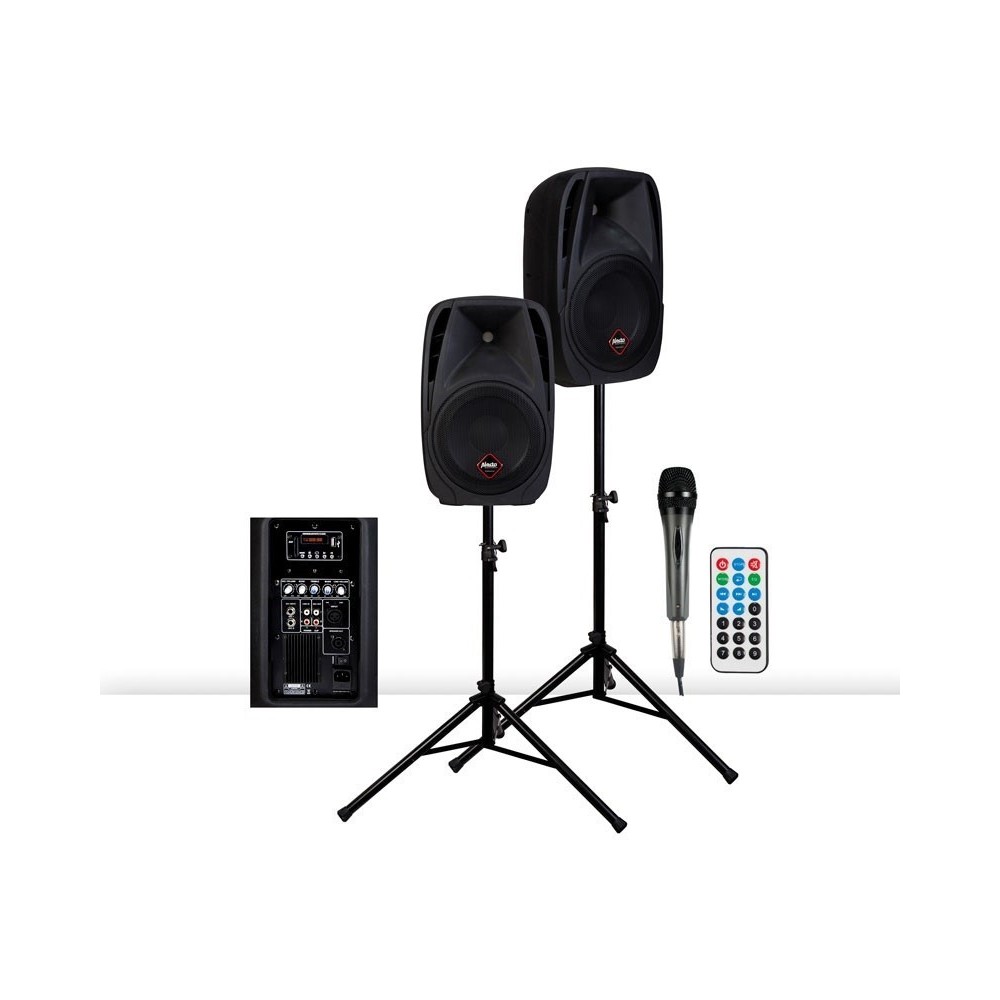 CONJUNTO SOM PORTATIL 400W C/ 2 COLUNAS + 2 TRIPES + MIC ALECTO