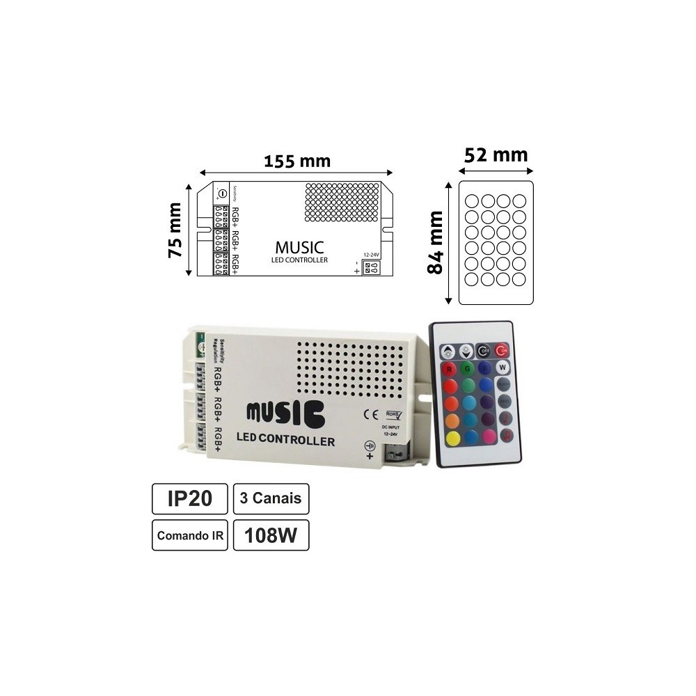 CONTROLADOR RGB 3 CANAIS 12-24VDC 9A P/ FITA LEDS