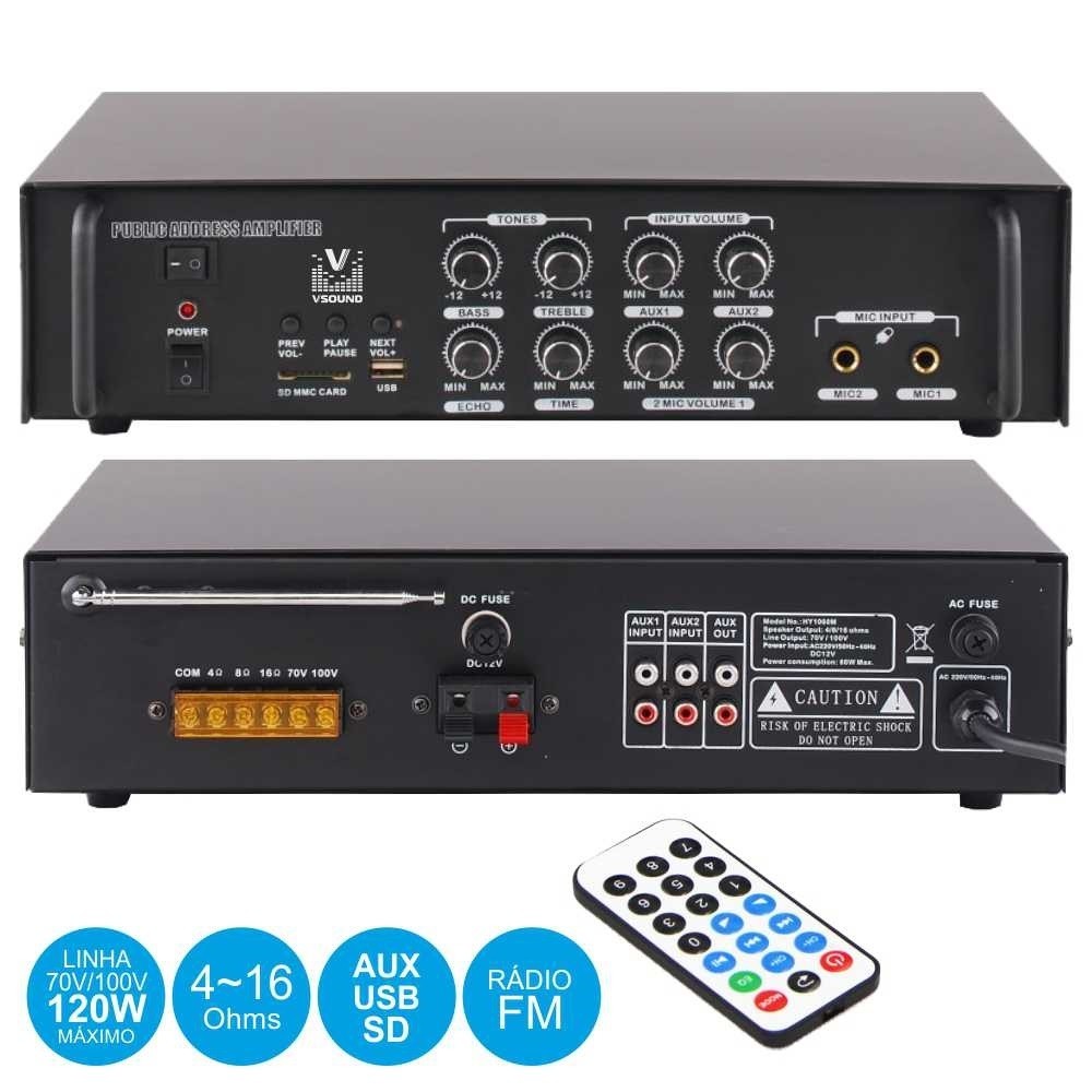 AMPLIFICADOR PA 3 ENTRADAS 120W MP3 USB SD FM
