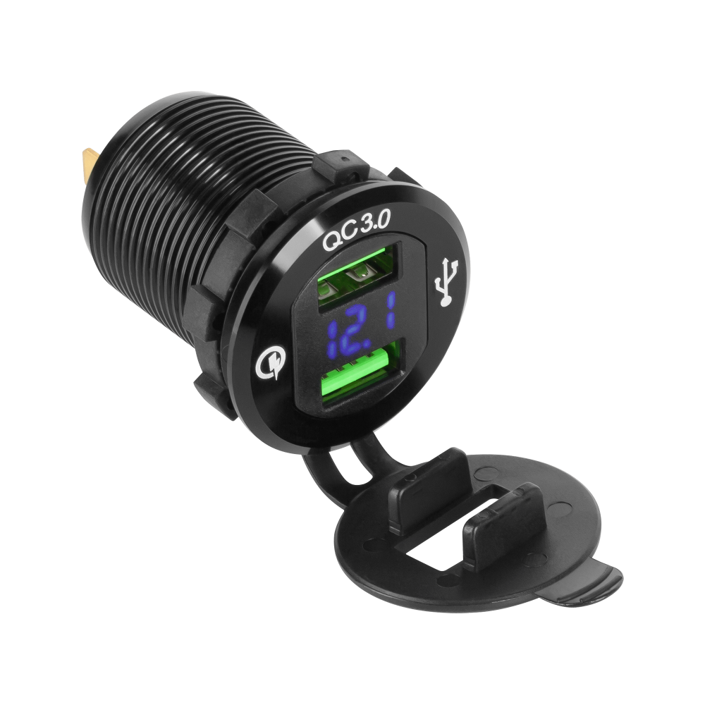 TOMADA 2 x USB QUICK CHARGE COM VOLTIMETRO DIGITAL