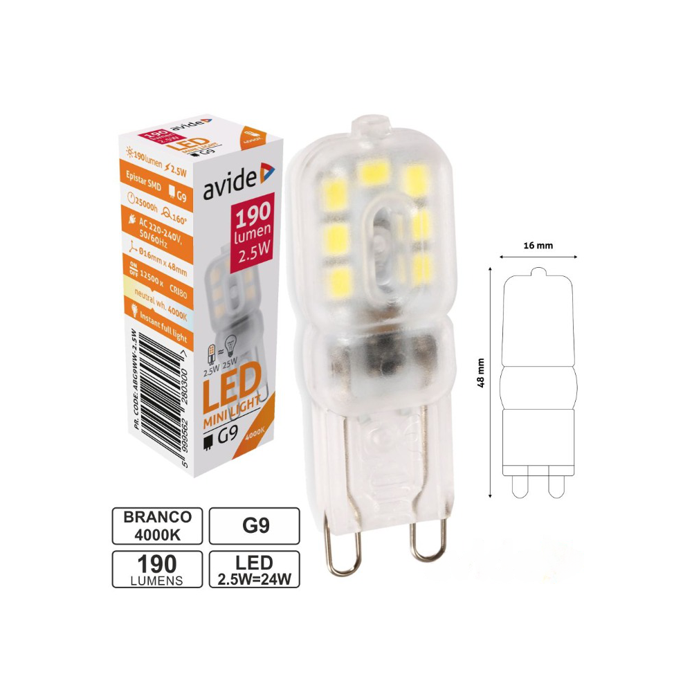 LAMPADA LED 230V 2.5W G9 BRANCO NEUTRO