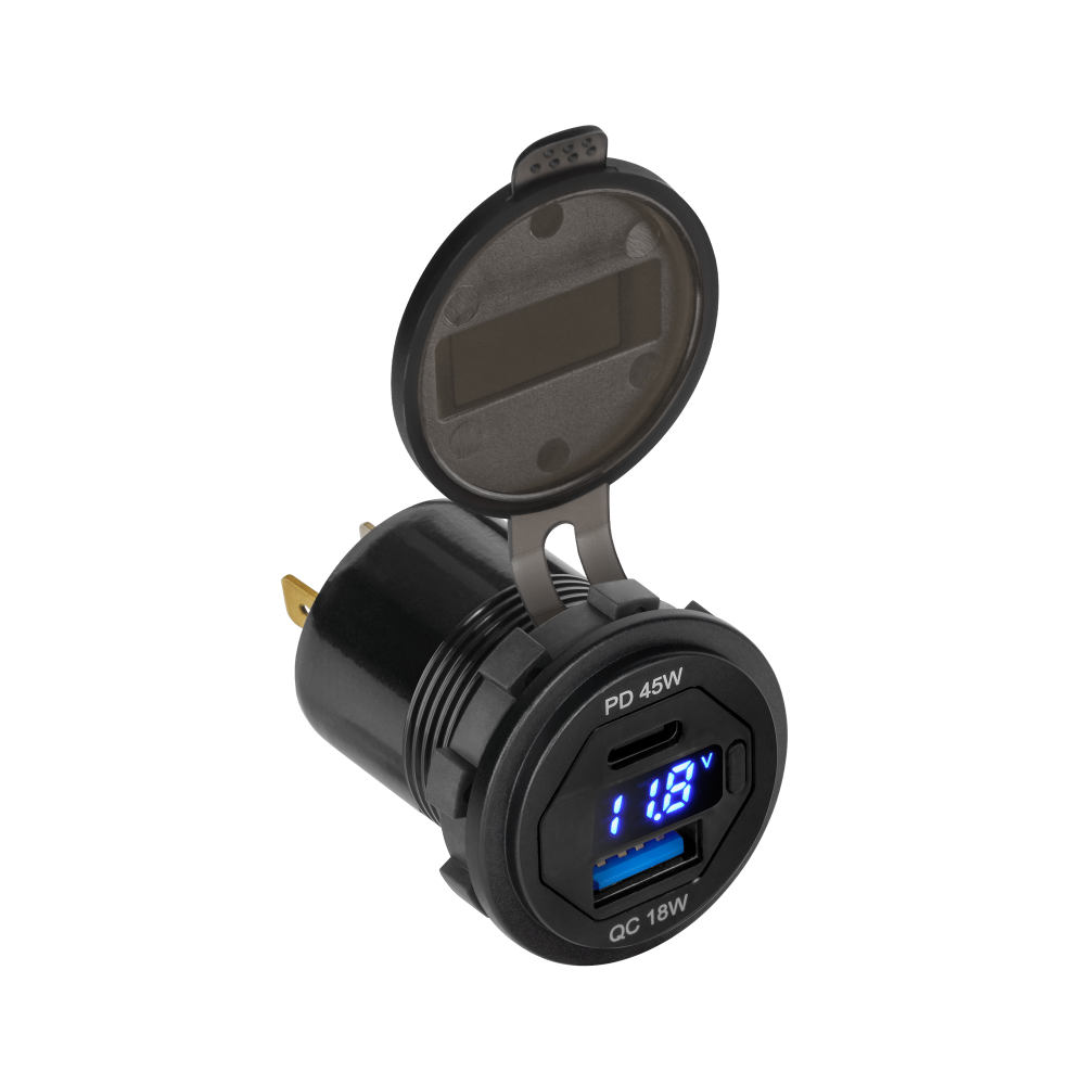 TOMADA USB-C / USB-A QUICK CHARGE COM VOLTIMETRO DIGITAL