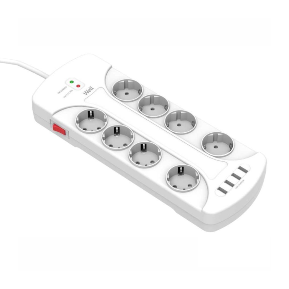 EXTENSÃO 8 TOMADAS SCHUKO C/ 4 USB + INTERRUPTOR 3MTS
