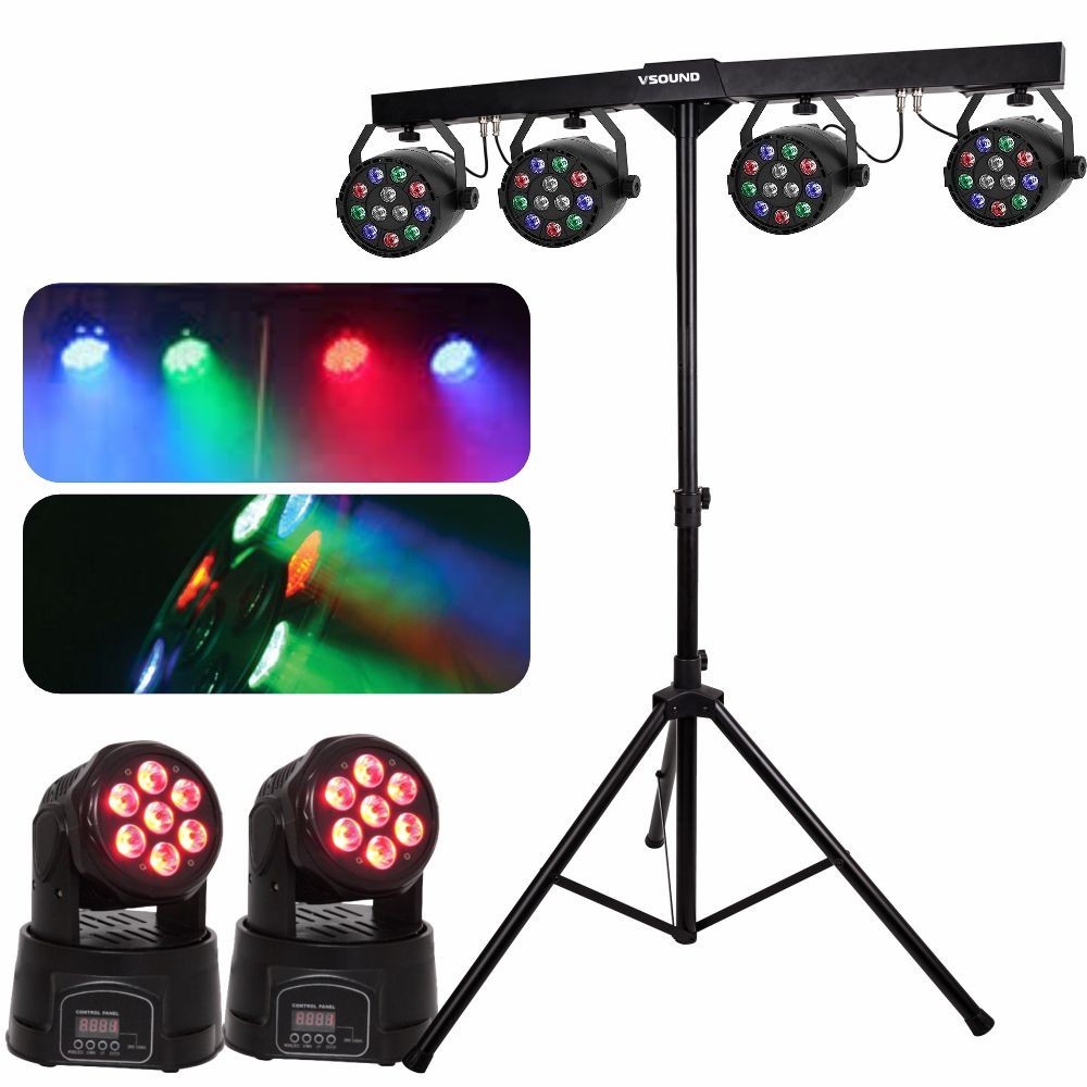 TRIPÉ C/ 4 PROJETORES LED PAR 48 + 2 MINI MOVING HEAD RGBW