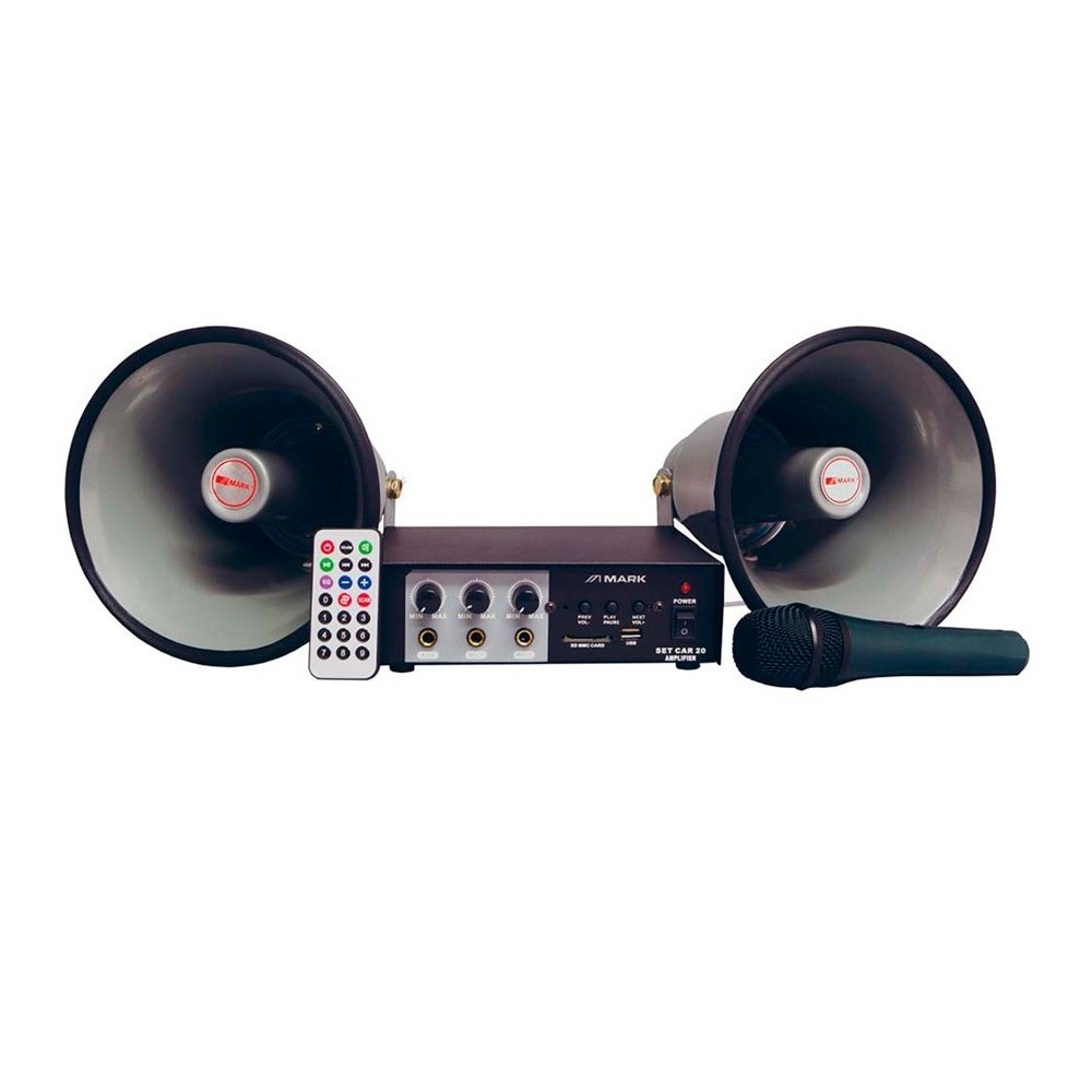 KIT AMPLIFICADOR 230V/12VDC + 2 CORNETAS + MICROFONE MARK