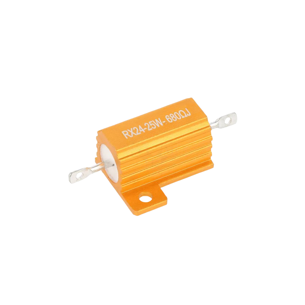 Resistência metálica 25W 680Ω, para soldar, 2 furos de montagem Resistência metálica 25W 680Ω, para soldar, 2 furos de montagem
