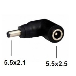 Ficha DC 90º fêmea, de 5,5x2,5mm, para macho de 5,5x2,1mm