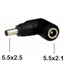 Ficha DC 90º, fêmea, de 5,5x2,1mm, para macho de 5,5x2,5mm