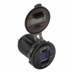 TOMADA USB-C / USB-A QUICK CHARGE COM VOLTIMETRO DIGITAL