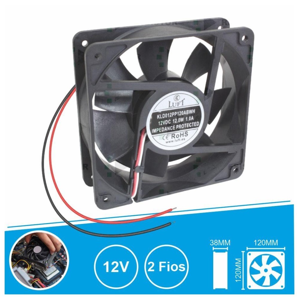 Ventilador 12V, 120x120x38mm, com 2 Fios, KLD012PP120ABWH LUFT