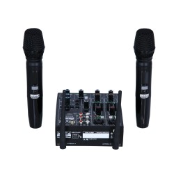 Mesa de mistura e 2 microfones de mão sem fio UHF