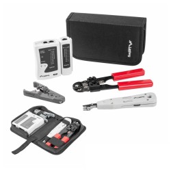 Conjunto com alicate para cravar, descarnar e cortar, mais um testador de cabos de rede RJ45