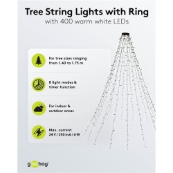 Cordão de luzes LED para árvore com 400 LEDs e anel, 16 x 1,5m