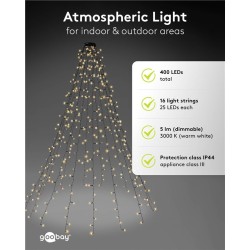 Cordão de luzes LED para árvore com 400 LEDs e anel, 16 x 1,5m