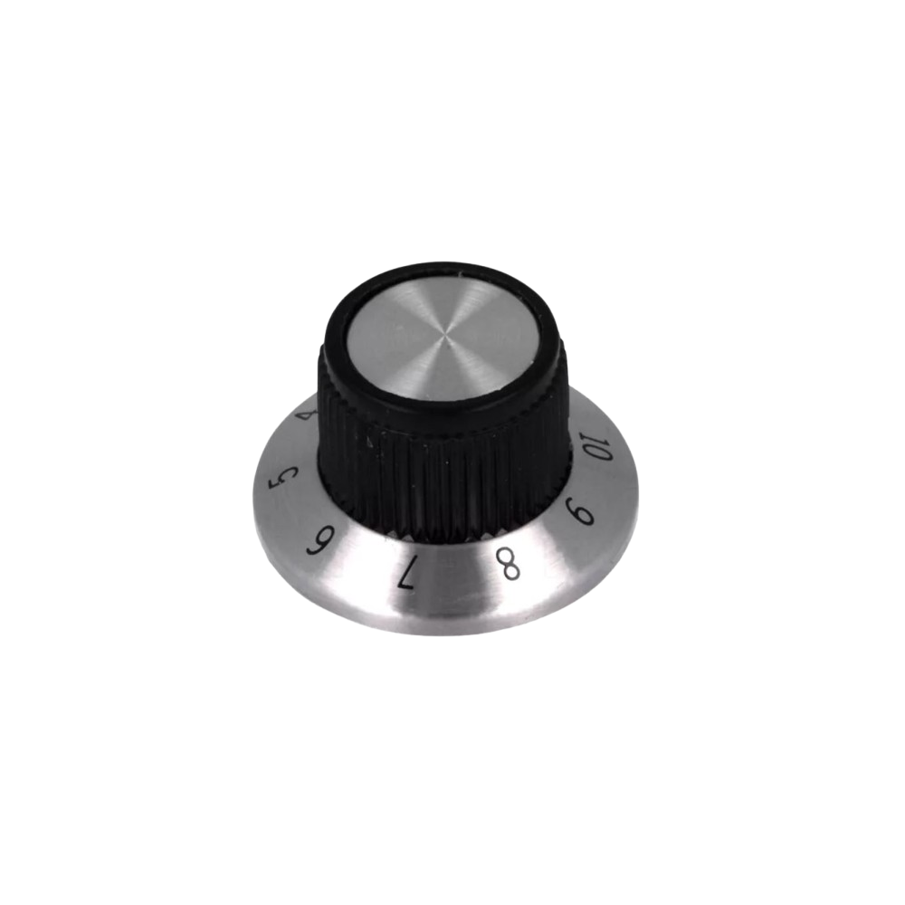 Manípulo/Botão com escala/flange 1-10, de plástico, veio/eixo Ø6,35mm, Ø15,2x14,2mm