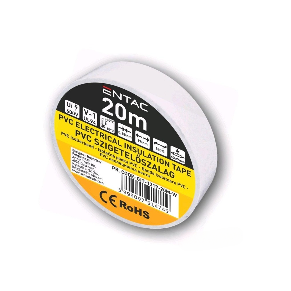 Fita isoladora branca em PVC, 19mm, 20 metros