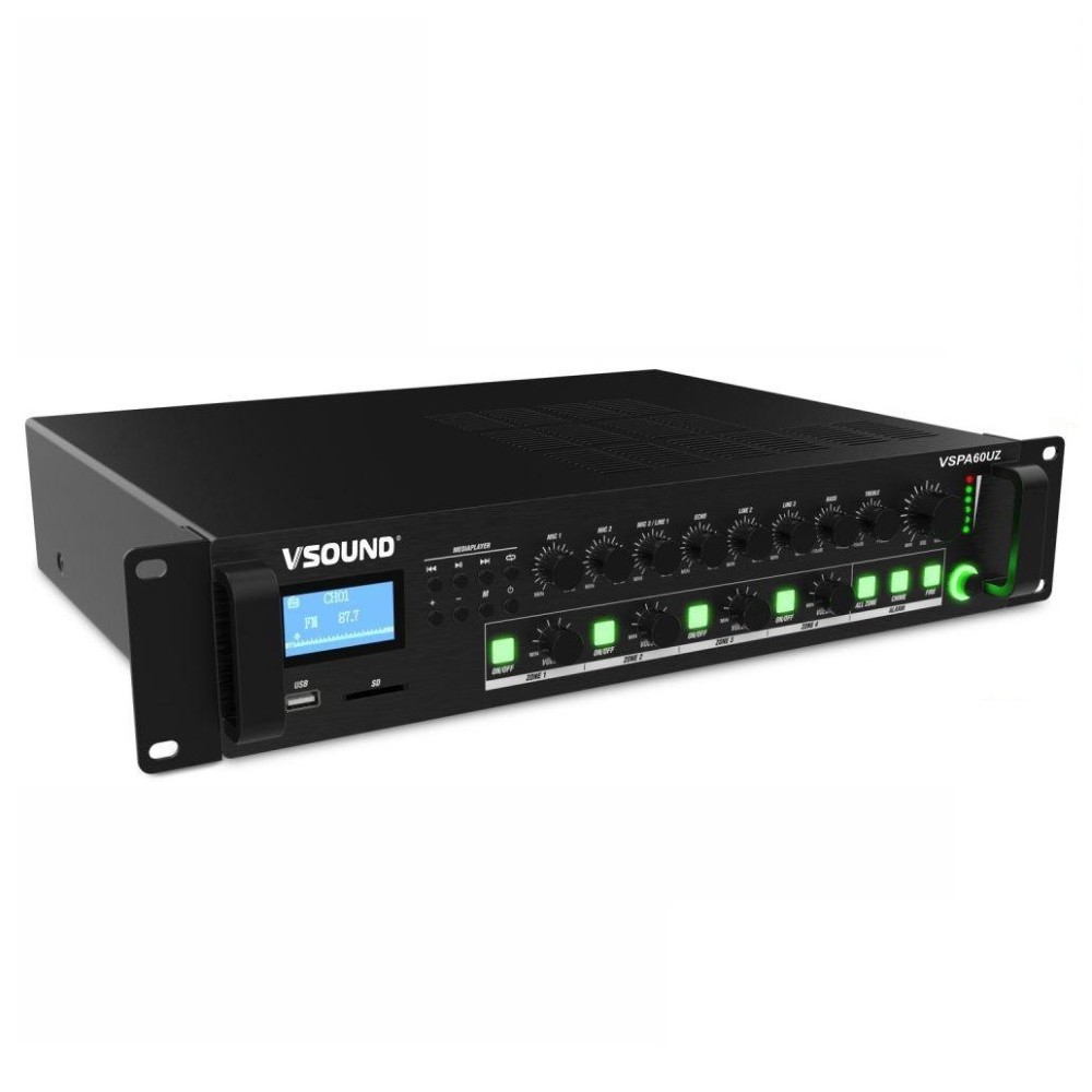 Amplificador PA 3 entradas 60W Mp3/USB/SD/BT