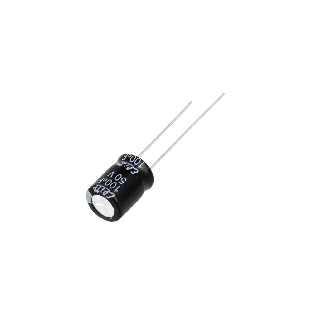 Condensador eletrolítico, montagem THT, 100uF, 50VDC, Ø8x11,5mm